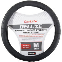 Чехол руля кожаный CarLife Delux M (37-39 см.) черный SW329M