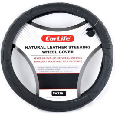 Чехол руля кожаный CarLife S (35-37 см.) черный SW229S