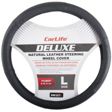 Чехол руля кожаный CarLife Delux L (39-41 см.) черный SW327L