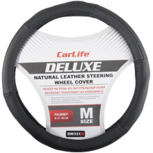 Чехол руля кожаный CarLife Delux M (37-39 см.) черный SW331M
