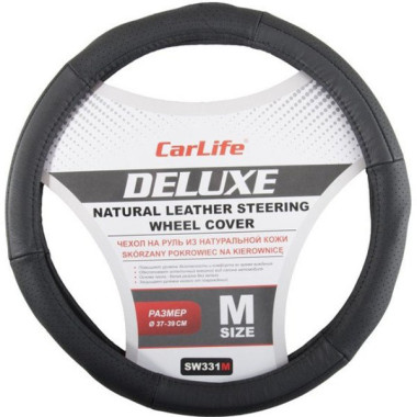 Чехол руля кожаный CarLife Delux M (37-39 см.) черный SW331M