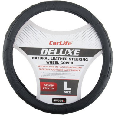 Чехол руля кожаный CarLife Delux L (39-41 см.) черный SW329L