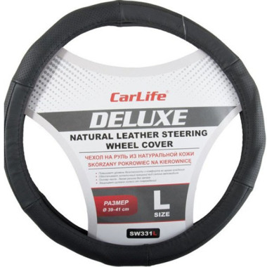 Чехол руля кожаный CarLife Delux L (39-41 см.) черный SW331L