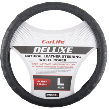 Чехол руля кожаный CarLife Delux L (39-41 см.) черный SW332L