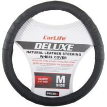 Чехол руля кожаный CarLife Delux M (37-39 см.) черный SW335M