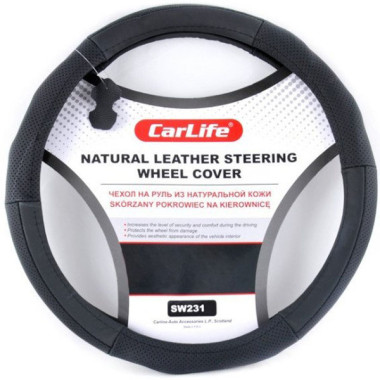 Чехол руля кожаный CarLife L (39-41 см) черный SW231L
