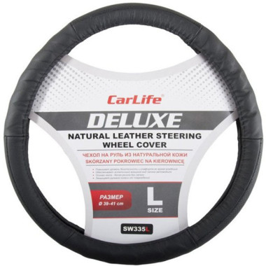 Чехол руля кожаный CarLife Delux L (39-41 см.) черный SW335L