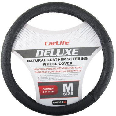 Чехол руля кожаный CarLife Delux M (37-39 см.) черный SW337M