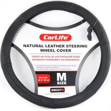 Чехол руля кожаный CarLife M (37-39 см.) черный SW227M