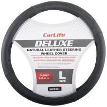 Чехол руля кожаный CarLife Delux L (39-41 см.) черный SW336L