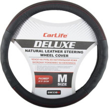 Чехол руля кожаный CarLife Delux M (37-39 см.) черный SW338M