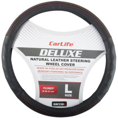 Чехол руля кожаный CarLife Delux L (39-41 см.) черный SW338L