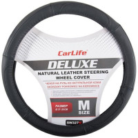 Чехол руля кожаный CarLife Delux M (37-39 см.) черный SW327M